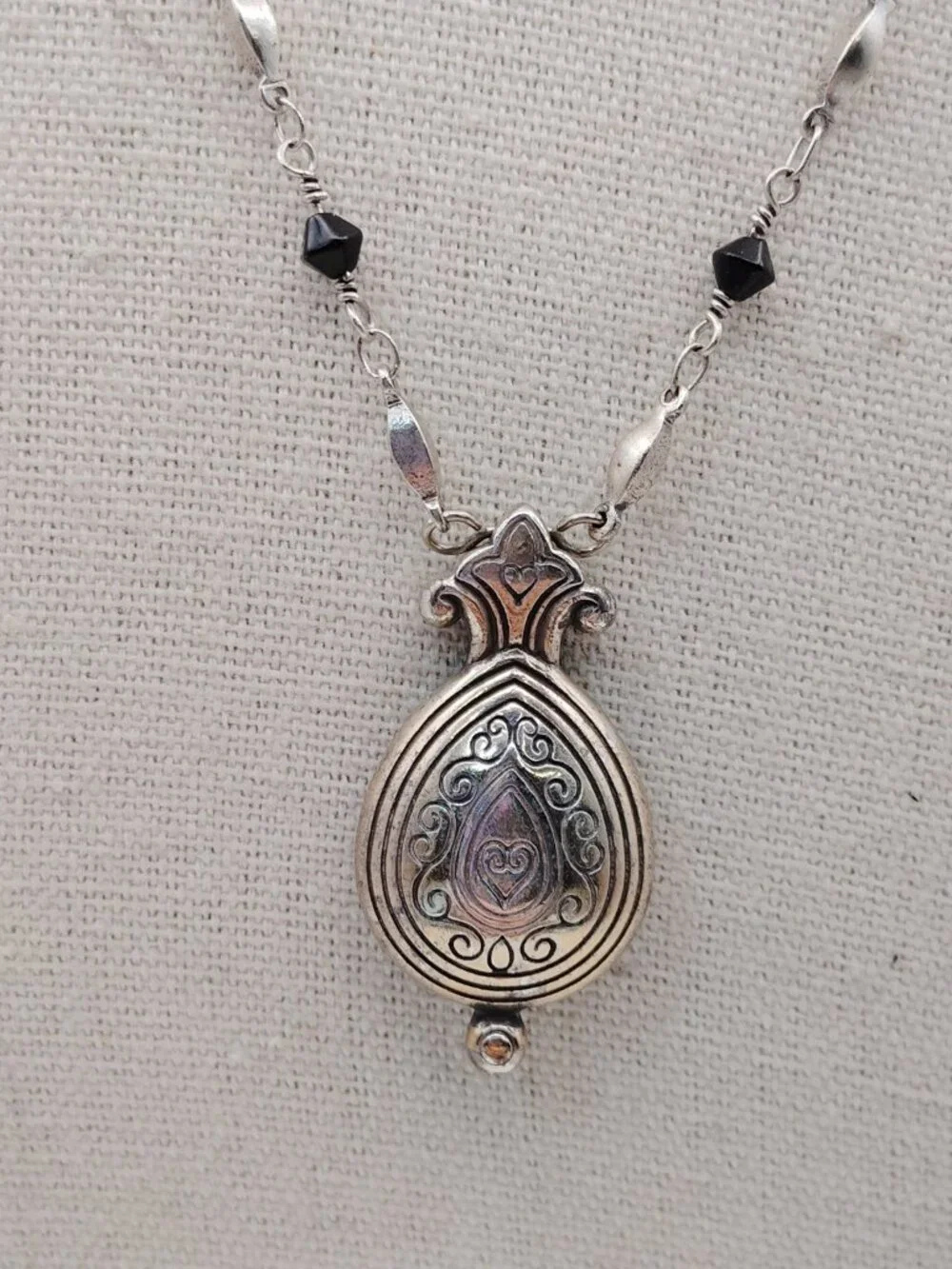 Vintage Brighton Reversible Jet Black Pendant Necklace w/ Marcasite Accents